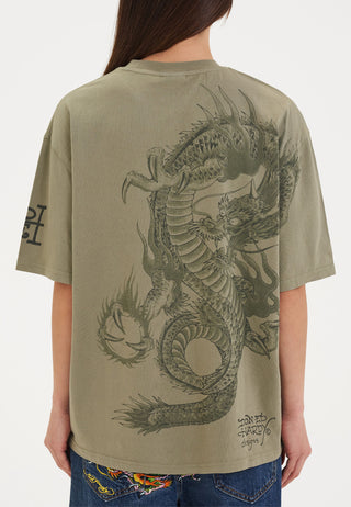 Dam Mono Fireball Dragon Tshirt Topp - Grön