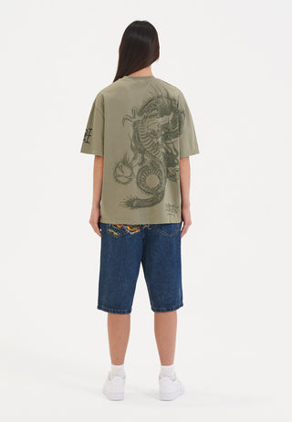 Dame Mono Fireball Dragon Tshirt Top - Grøn