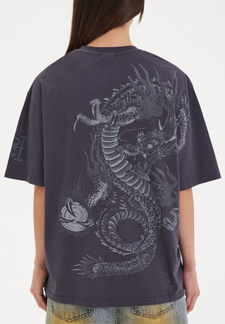 Dam Mono Fireball Dragon Tshirt Topp - mörkgrå