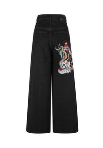 Dames Ny City Xtra Oversized Denim Broek Jeans - Zwart