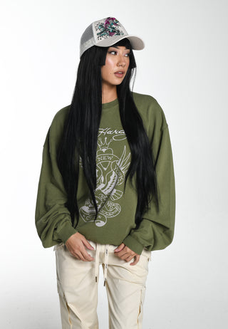 Dame Nyc grafisk afslappet sweatshirt med rund hals - grøn