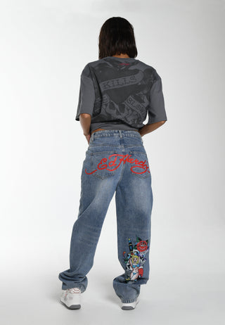 Dames Only Live Once Relaxed Denim Broek Jeans - Blauw