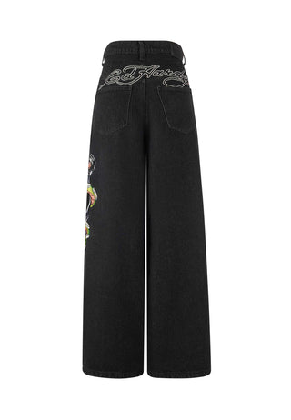 Dames Panther Battle Xtra Oversized Denim Broek Jeans - Zwart