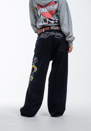 Damskie jeansowe spodnie Panther Battle Xtra Oversize - czarne