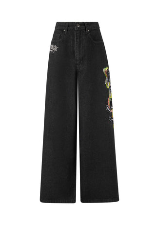Dames Panther Battle Xtra Oversized Denim Broek Jeans - Zwart
