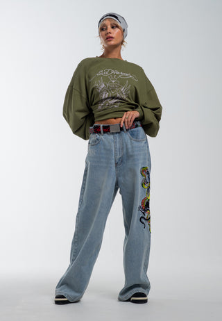 Dames Panther Battle Xtra Oversized Denim Broek Jeans - Bleekmiddel
