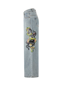 Dames Panther Battle Xtra Oversized Denim Broek Jeans - Bleekmiddel