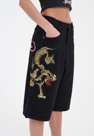 Dame Panther Crawl Relaxed Denim Jorts Shorts - Svart
