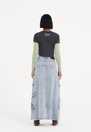 Womens Raw Edge Lks Denim Maxi Skirt - Bleach