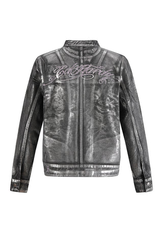 Womens Rose Skull Butterfly Denim Motocross Jacket - Black