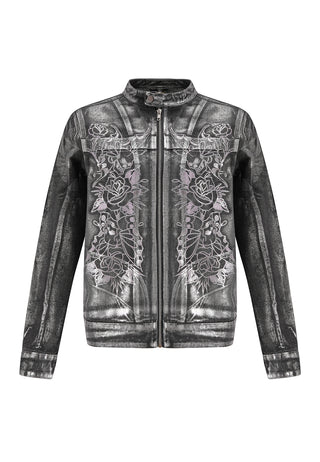 Womens Rose Skull Butterfly Denim Motocross Jacket - Black