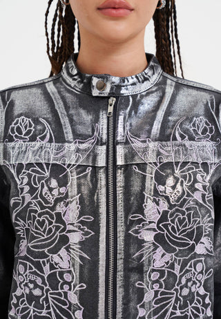 Womens Rose Skull Butterfly Denim Motocross Jacket - Black