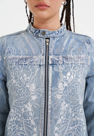 Womens Rose Skull Butterfly Denim Motocross Jacket - Bleach