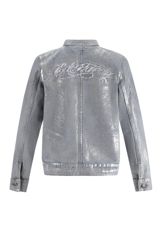 Womens Rose Skull Butterfly Denim Motocross Jacket - Bleach