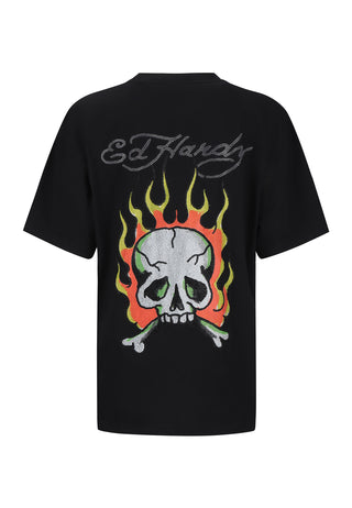 Damen Skull Flame Diamante T-Shirt – Schwarz