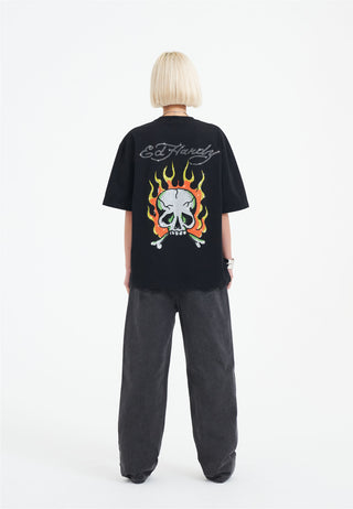 Dame Skull Flame Diamante Tshirt - Sort