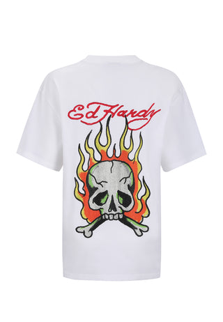 T-Shirt „Skull Flame Diamante“ für Damen – Weiß