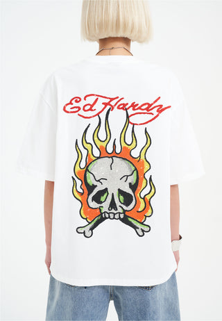 Naisten Skull Flame Diamante T-paita - valkoinen