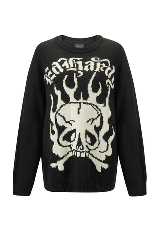 Damski sweter z dzianiny Skull In Flames - czarny/biały