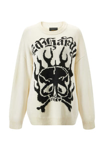 Damski sweter z dzianiny Skull In Flames - ecru/czarny