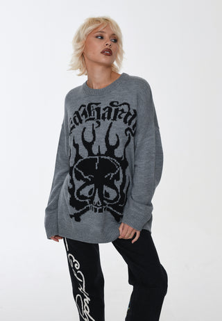Suéter feminino de malha jaquard Skull In Flames - cinza/preto