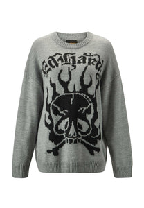 Damski sweter z dzianiny Skull In Flames - szary/czarny