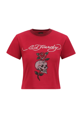 Womens Skull Rose Diamante Baby T-Shirt Top - Red