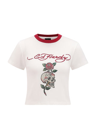 Womens Skull Rose Diamante Baby T-Shirt Top - White