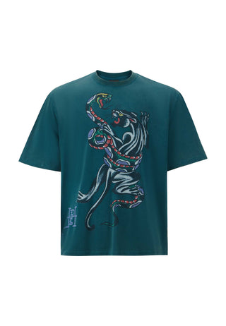 Damska koszulka z motywem walki z wężem i panterą – zielona