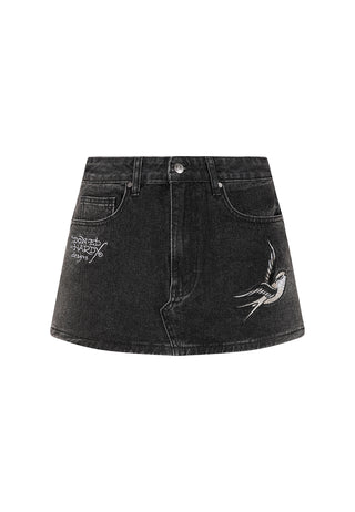 Womens Swallow Side Washed Denim Skirt - Black