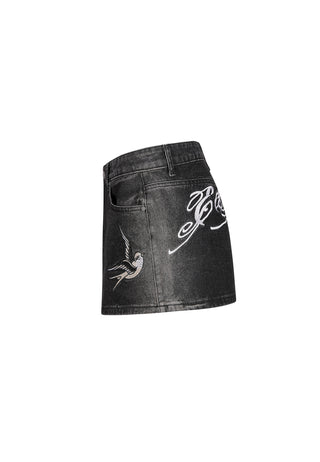 Womens Swallow Side Washed Denim Skirt - Black