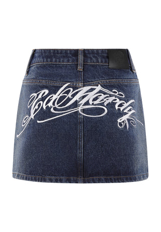 Womens Swallow Side Washed Denim Skirt - Indigo