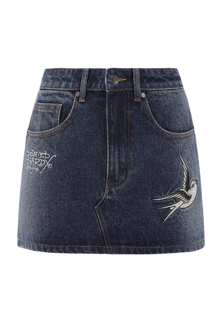 Womens Swallow Side Washed Denim Skirt - Indigo