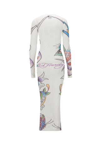 Damska sukienka z siateczką z tatuażem i kolażem, z długim rękawem - biała