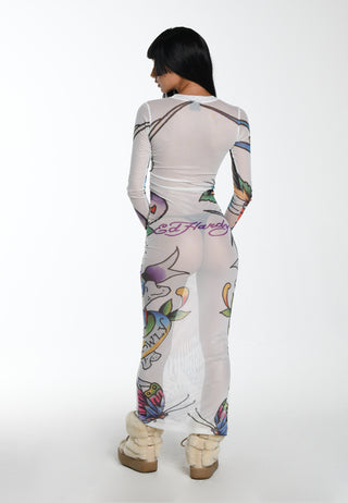 Vestido de manga larga de malla con collage de tatuajes para mujer - Blanco