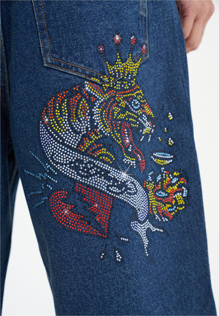 Dame Tiger King Diamante Denim Jorts Shorts - Indigo