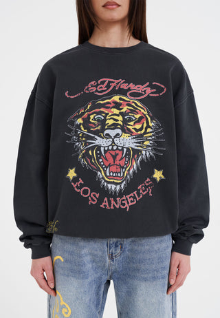 Damen Tiger-Vintage-Roar Rundhals-Sweatshirt – Schwarz