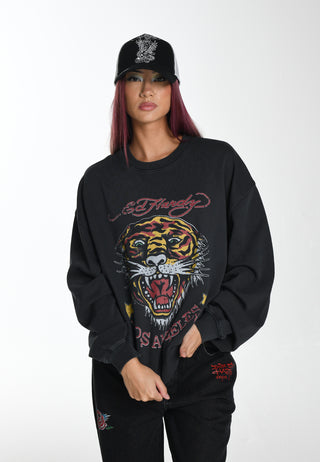 Sweat-shirt décontracté à col rond pour femme Tiger-Vintage-Roar - Noir
