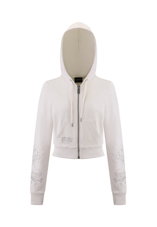 Kurzer Kapuzenpullover mit Reißverschluss und Twisted Dragon-Grafik für Damen – Weiß