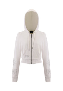 Kurzer Kapuzenpullover mit Reißverschluss und Twisted Dragon-Grafik für Damen – Weiß