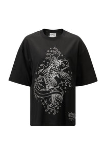 Damska koszulka relaksacyjna w stylu vintage-koi-srebrna – czarna