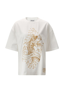 Damska koszulka relaksacyjna w stylu vintage-koi-złota – biała