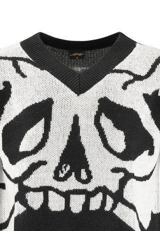 Womens Xl Skull V Neck Jaquard Knitted Jumper - Black/White