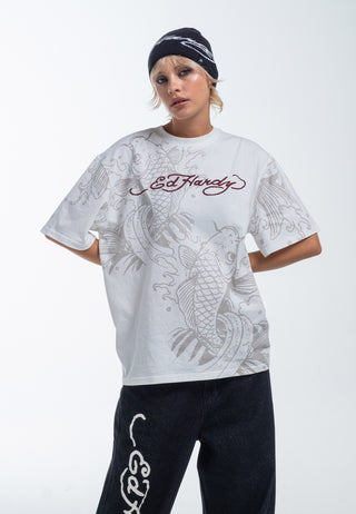 Damska koszulka z logo Koi o swobodnym kroju – biała