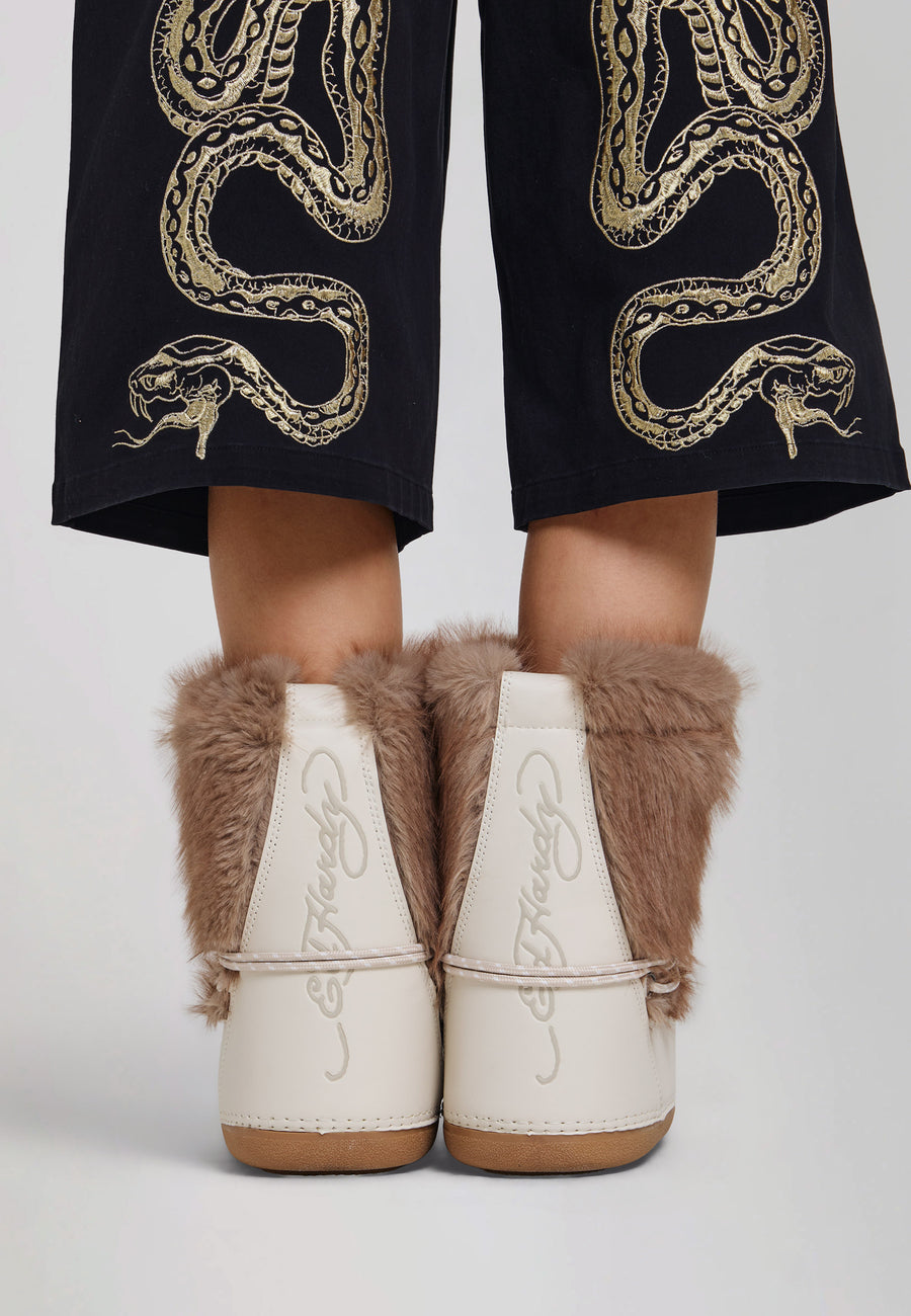 Womens Fur Snow Boot - Brown / Ecru