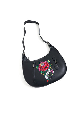 Womens Flower Tattoo Shoulder Bag - Black