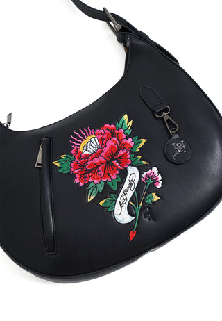 Womens Flower Tattoo Shoulder Bag - Black