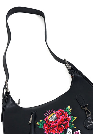 Womens Flower Tattoo Shoulder Bag - Black