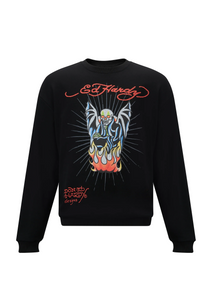 Mens Flaming-Devil Graphic Oversize Crew Sweatshirt - Black