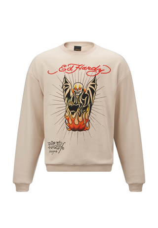 Mens Flaming-Devil Graphic Oversize Crew Sweatshirt - Ecru